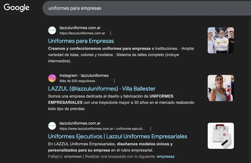Resultado en Google - Uniformes para empresas