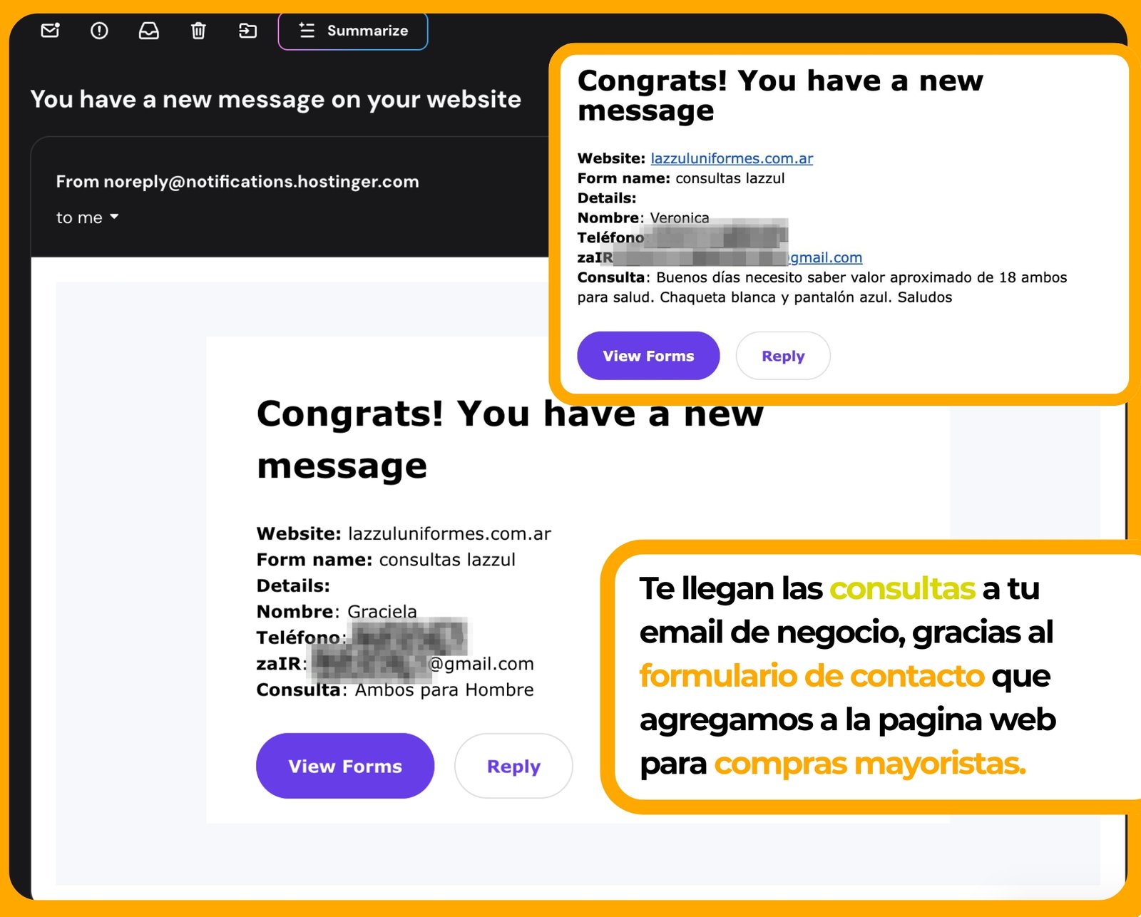 Consultas reales que llegan al email desde el formulario de contacto de Lazzul Uniformes